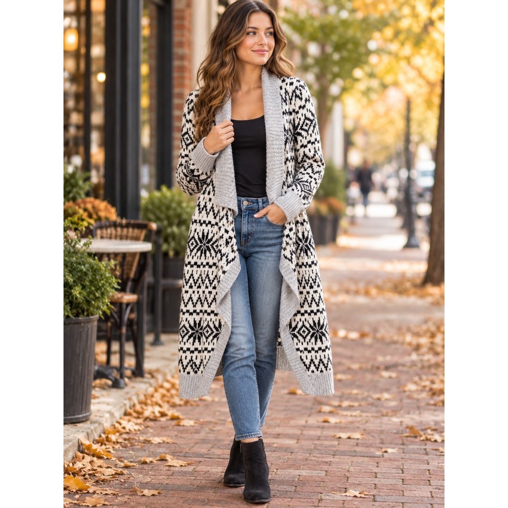 Bethany Mota Aeropostle Nordic Geometric Longline  Cardigan Women Medium Cozy